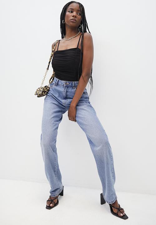VELVET - Mesh ruching strappy bodysuit - black