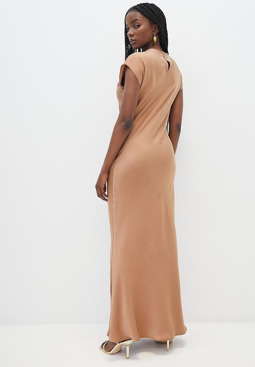 VELVET - Extend sleeve bias cut satin maxi dress - brown
