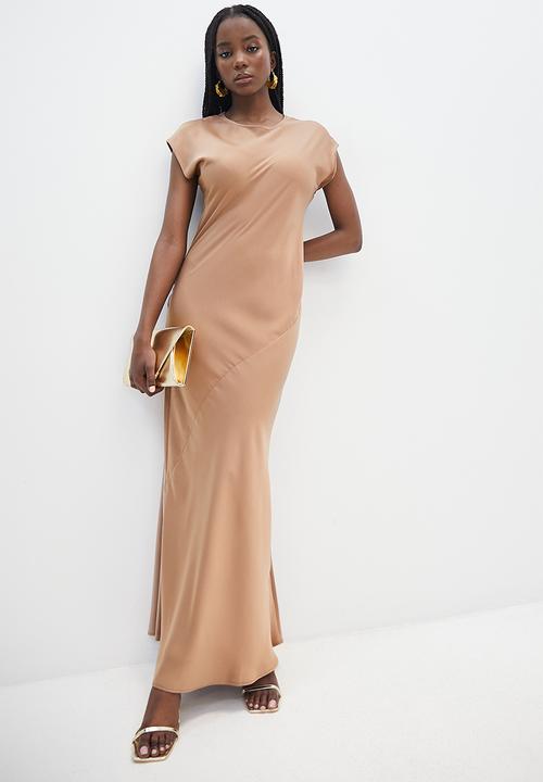 VELVET - Extend sleeve bias cut satin maxi dress - brown