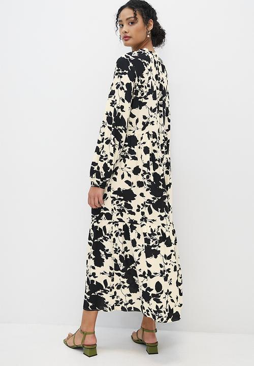 MILLA - Tie detail tiered maxi dress - ivory & black 