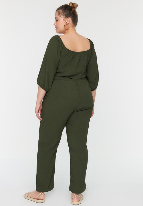 Trendyol - Plus tie waist pocket detail jumpsuit - khaki