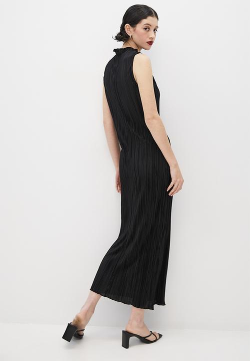 VELVET - Sleeveless funnel neck textured knit column midi dress - black