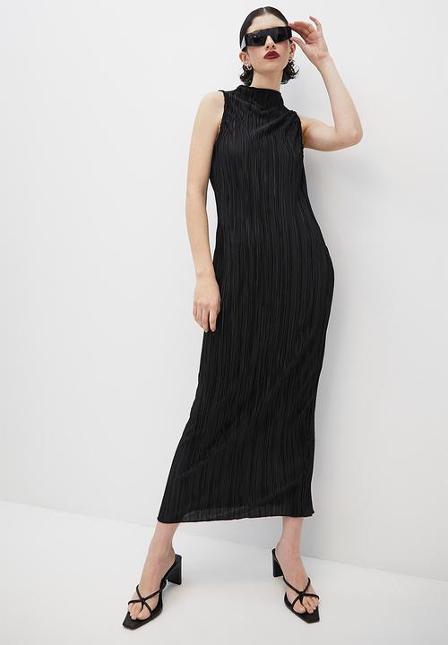 VELVET - Sleeveless funnel neck textured knit column midi dress - black