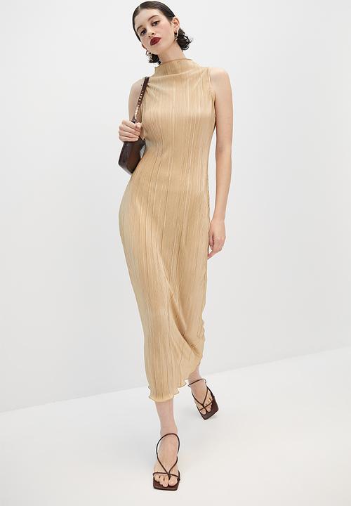 VELVET - Sleeveless funnel neck textured knit column midi dress - stone