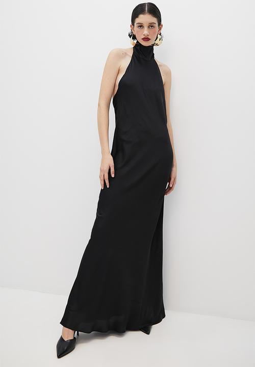 VELVET - Satin halter tie back maxi slip dress - black
