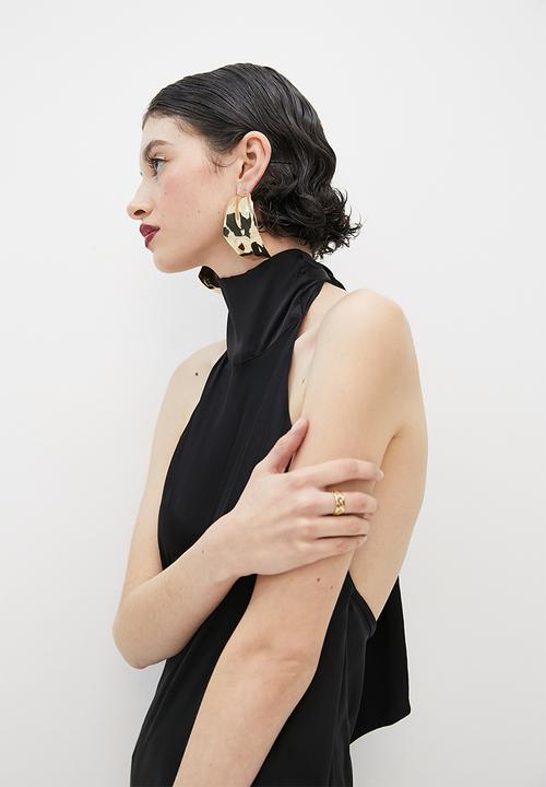 VELVET - Satin halter tie back maxi slip dress - black