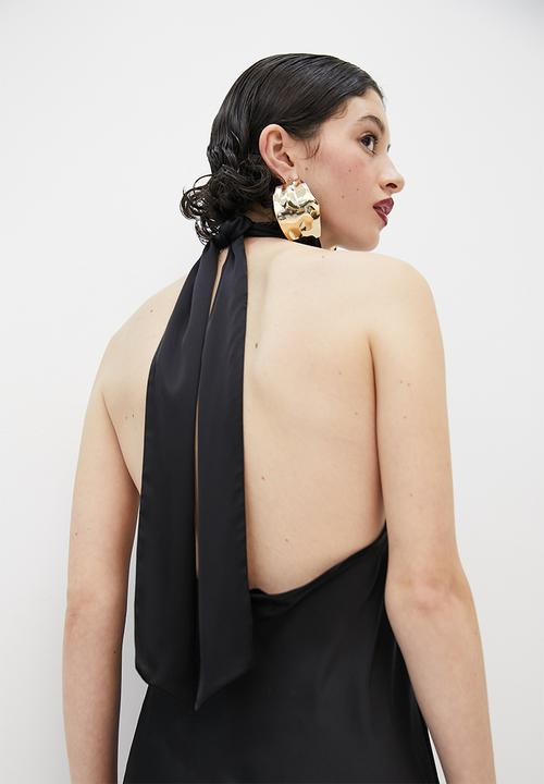 VELVET - Satin halter tie back maxi slip dress - black