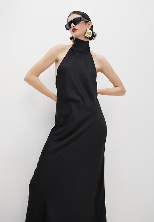 VELVET - Satin halter tie back maxi slip dress - black