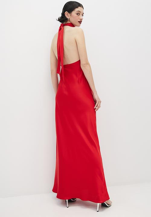 VELVET - Satin halter tie back maxi slip dress - red