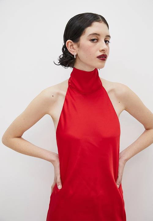 VELVET - Satin halter tie back maxi slip dress - red