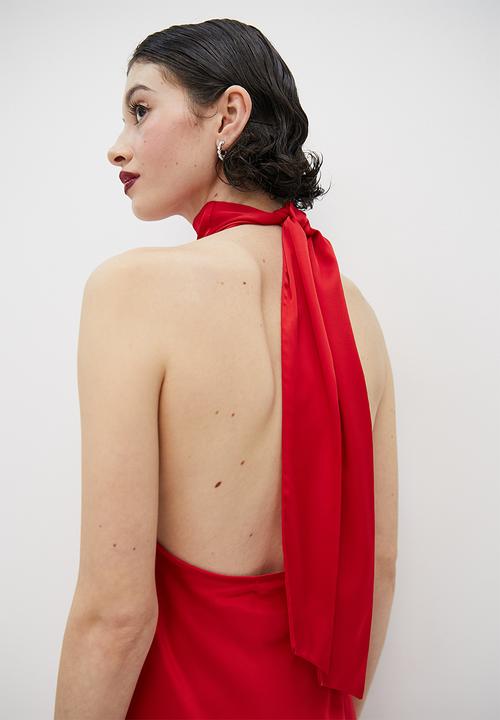 VELVET - Satin halter tie back maxi slip dress - red