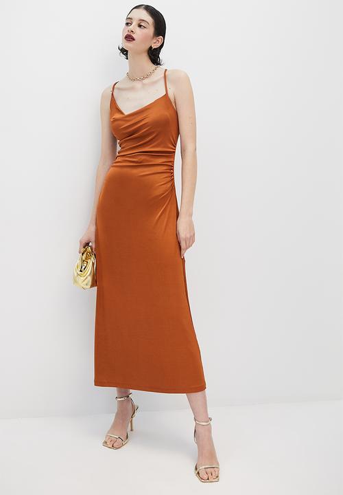 VELVET - Slinky knit cowl slip dress with tie detail - rust