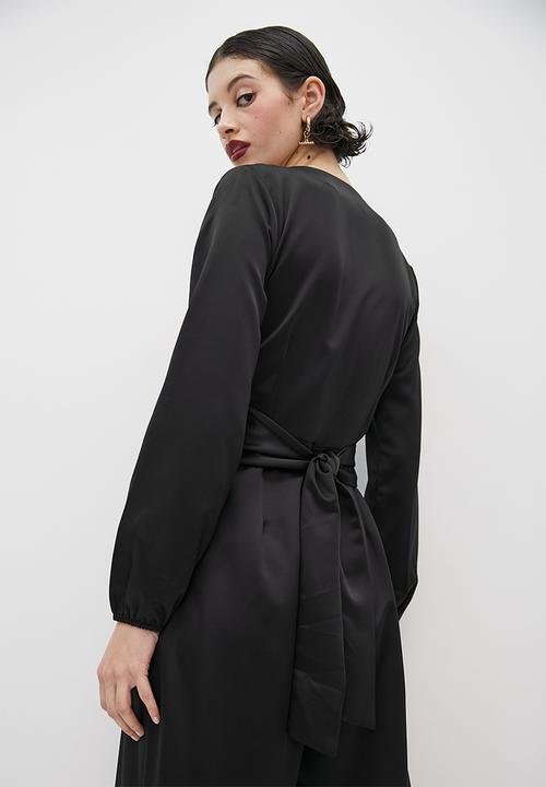 VELVET - Satin plunging long sleeve jumpsuit - black