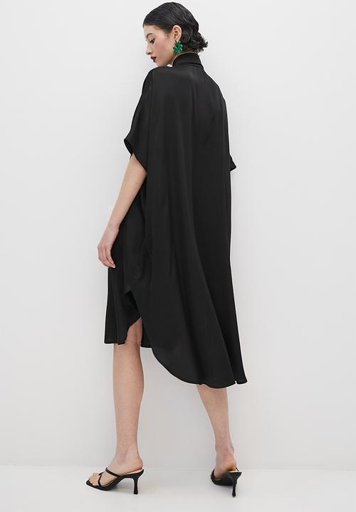VELVET - Satin button through kaftan dress with slits - black