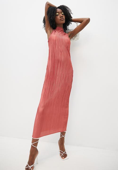 VELVET - Sleeveless funnel neck textured knit column midi dress - rose