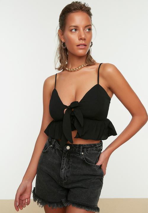 Trendyol - Tied frill crop top - black
