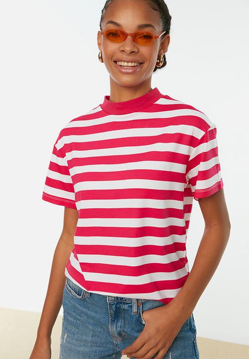 Trendyol - Striped basic knit t-shirt - pink