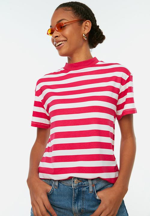 Trendyol - Striped basic knit t-shirt - pink