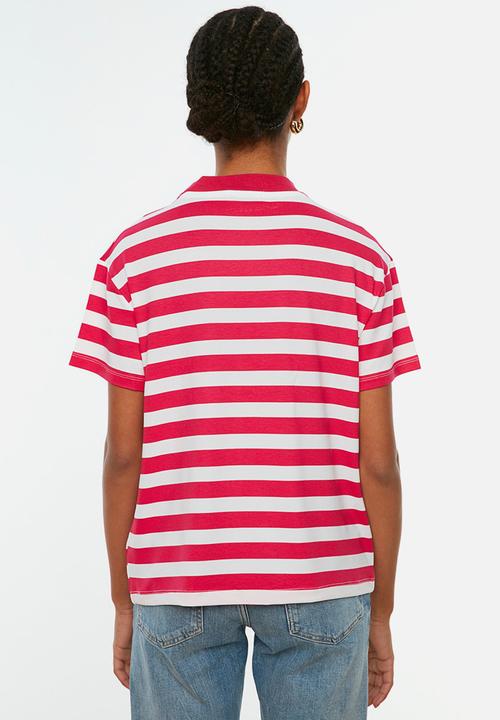 Trendyol - Striped basic knit t-shirt - pink