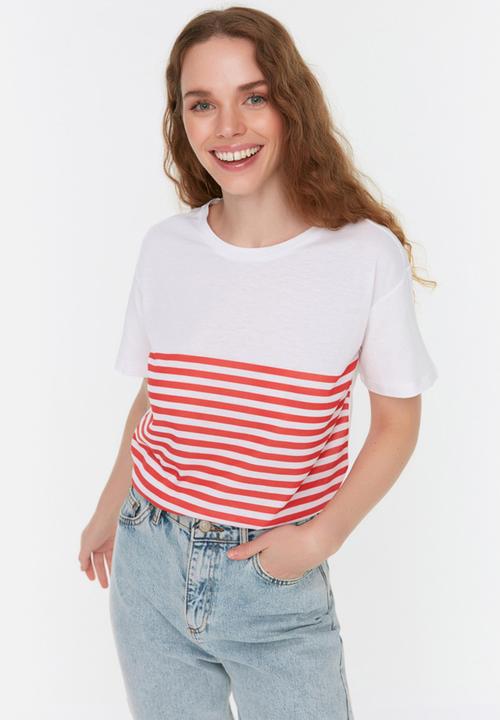 Trendyol - Striped knit t-shirt - red