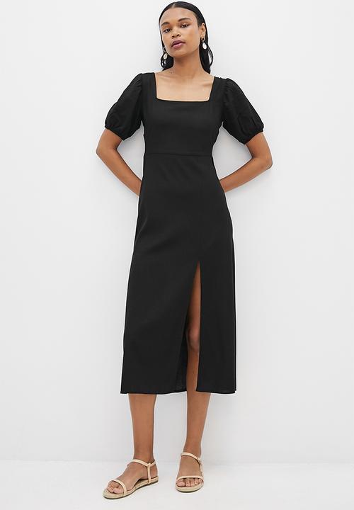 MILLA - Linen back detail midi dress - black