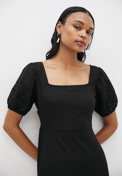 MILLA - Linen back detail midi dress - black