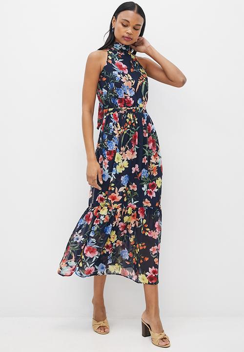 MILLA - Printed chiffon halter maxi dress - navy floral