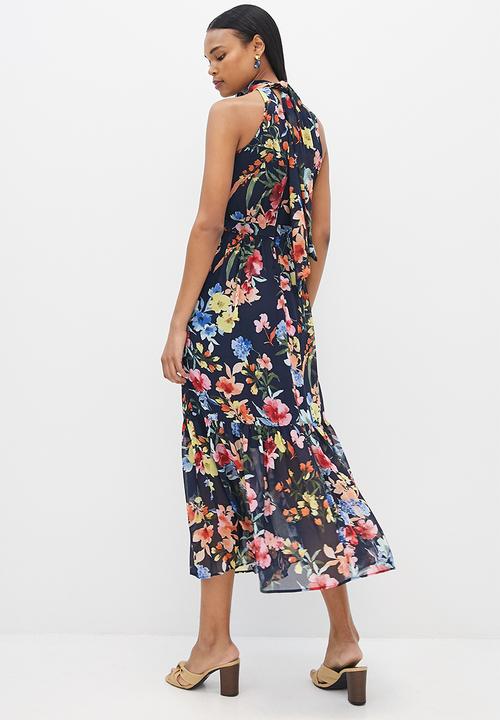 MILLA - Printed chiffon halter maxi dress - navy floral