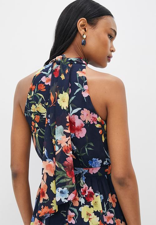 MILLA - Printed chiffon halter maxi dress - navy floral