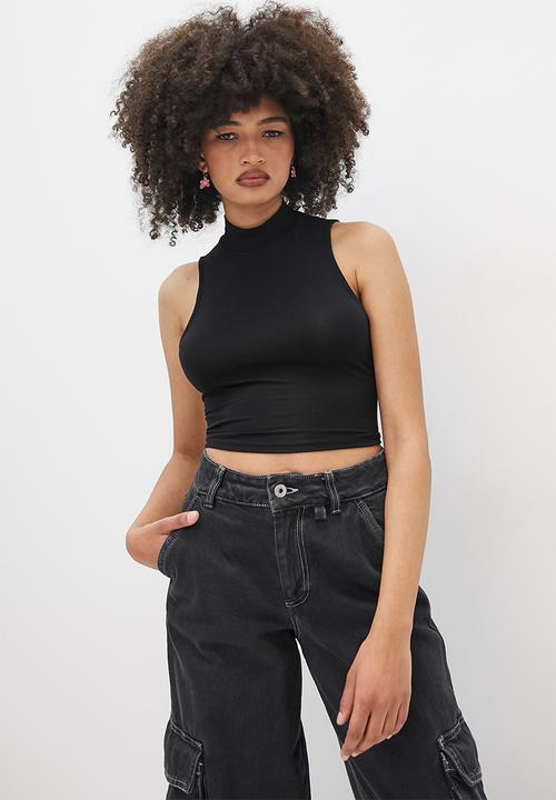 Blake - Turtle neck tie back crop - black