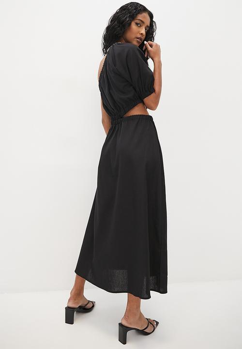 VELVET - Assym side cutline midi a line dress - black