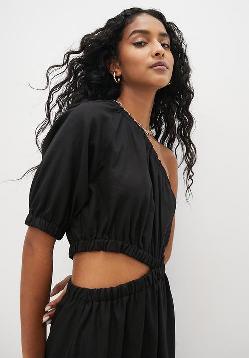 VELVET - Assym side cutline midi a line dress - black