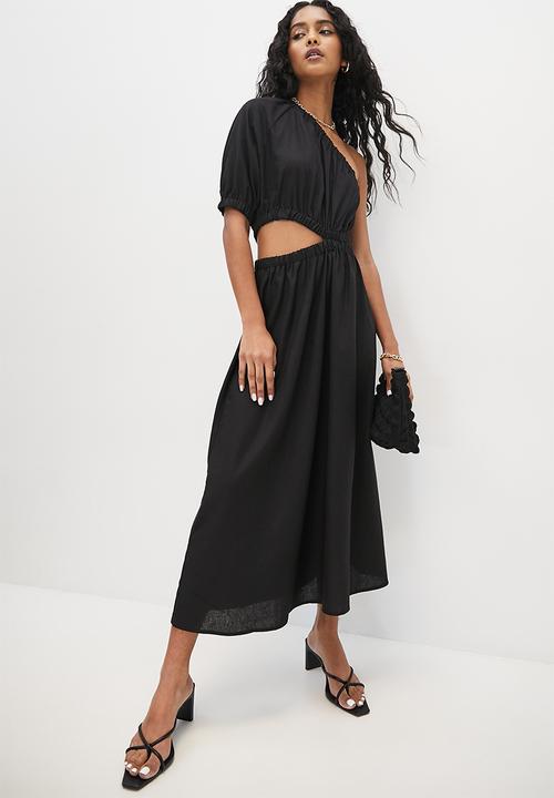 VELVET - Assym side cutline midi a line dress - black