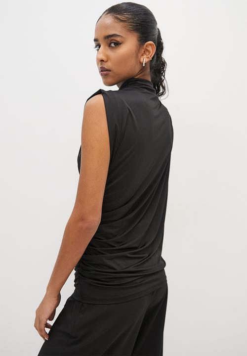 VELVET - Draped one shoulder slinky top - black