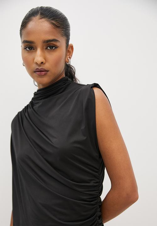 VELVET - Draped one shoulder slinky top - black