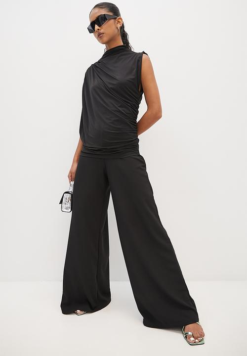 VELVET - Draped one shoulder slinky top - black