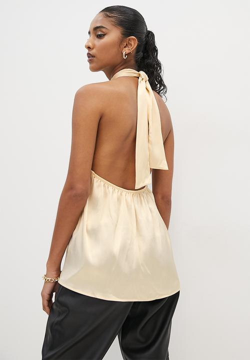 VELVET - Knot front satin halter blouse - brazilian sand