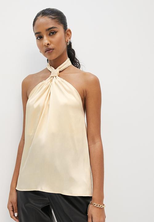 VELVET - Knot front satin halter blouse - brazilian sand