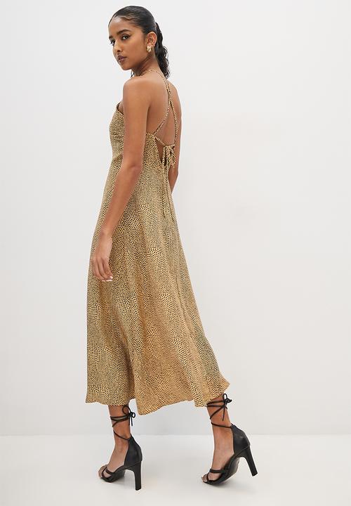 VELVET - Cami fit and flare midi dress with strappy back ties - sand & black