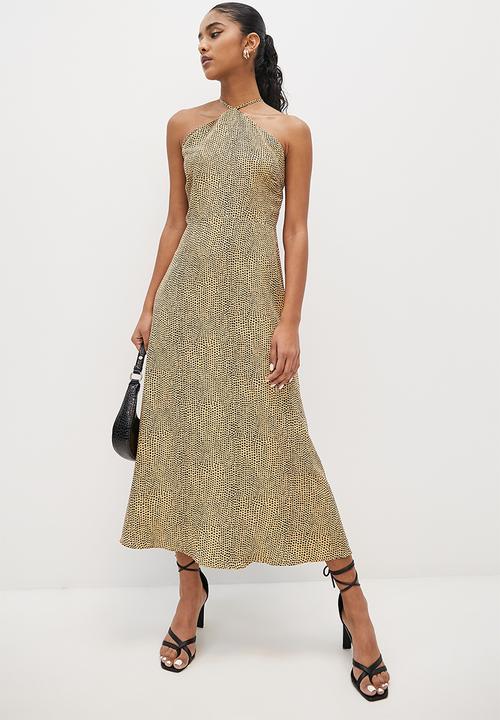 VELVET - Cami fit and flare midi dress with strappy back ties - sand & black