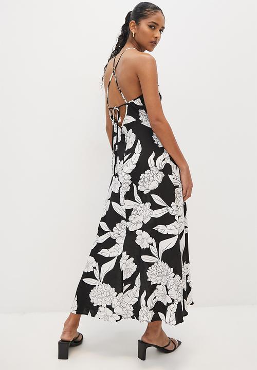 VELVET - Cami fit and flare midi dress with strappy back ties - black