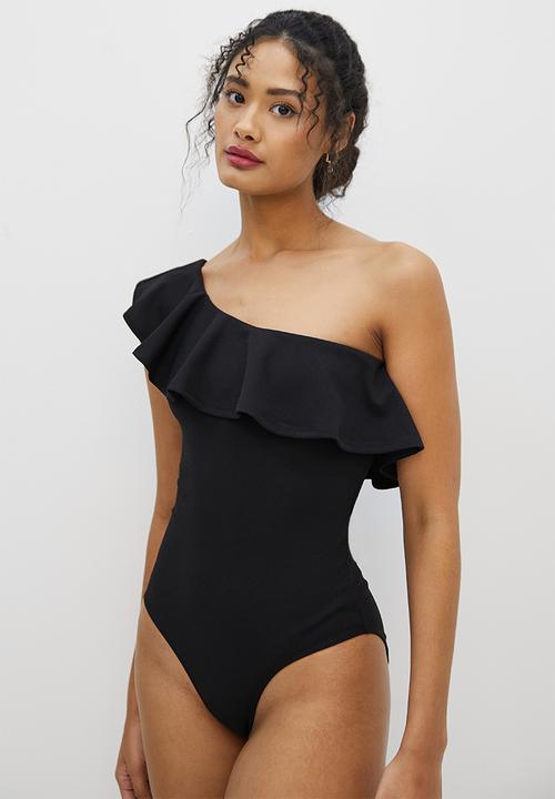 MILLA - Assym ruffle bodysuit - black