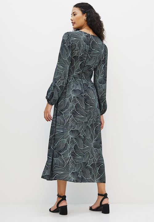 MILLA - Circle hem woven midi dress - black leaf print