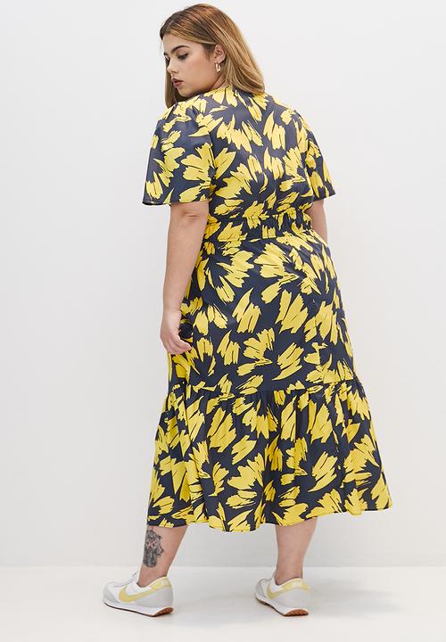 Superbalist - Fit and flare midi dress - yellow mono leaf