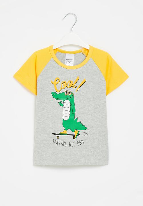 Pop Candy - Boys dino skate tee - grey & yellow