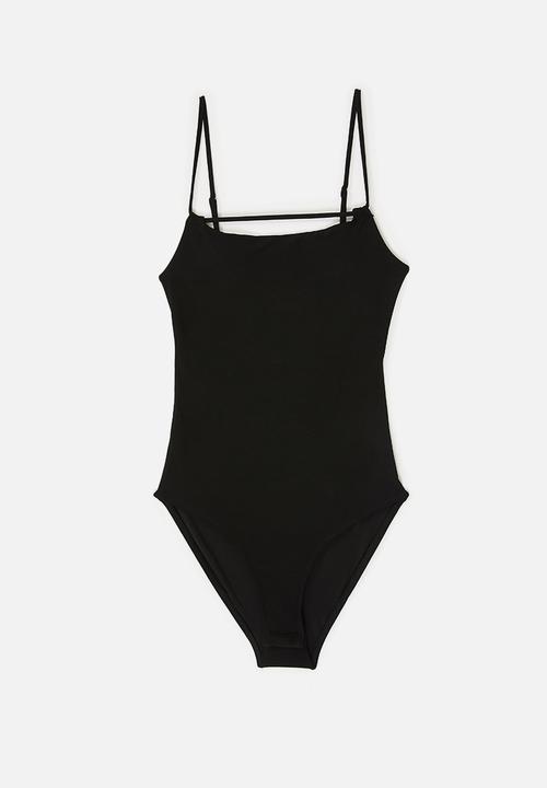 VELVET - Strappy square neck bodysuit with open back - black
