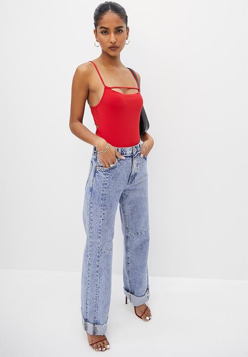 VELVET - Strappy square neck bodysuit with open back - red