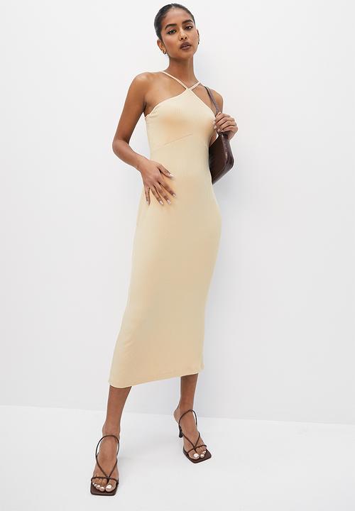 VELVET - Halter dressy rib column midi dress - stone
