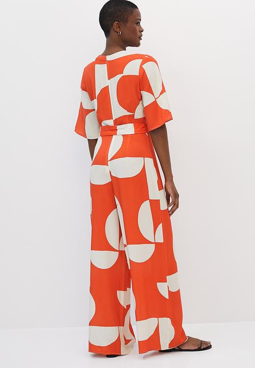edit - Boxy shell belted jumpsuit - orange & white 
