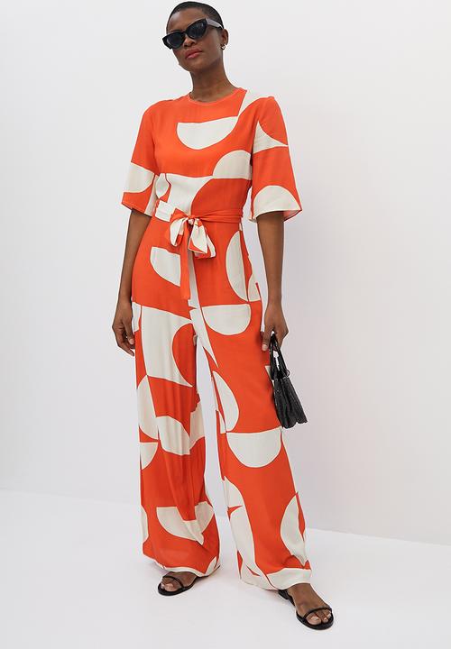 edit - Boxy shell belted jumpsuit - orange & white 